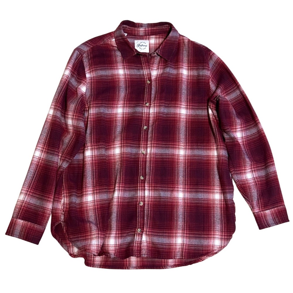 Jachs Girlfriend Women XL Burgundy Plaid Flannel Button Down Shirt Long Sleeve